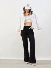 Women Jet Black Button-at-Hem Boot Cut Jeans