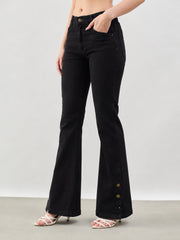 Women Jet Black Button-at-Hem Boot Cut Jeans