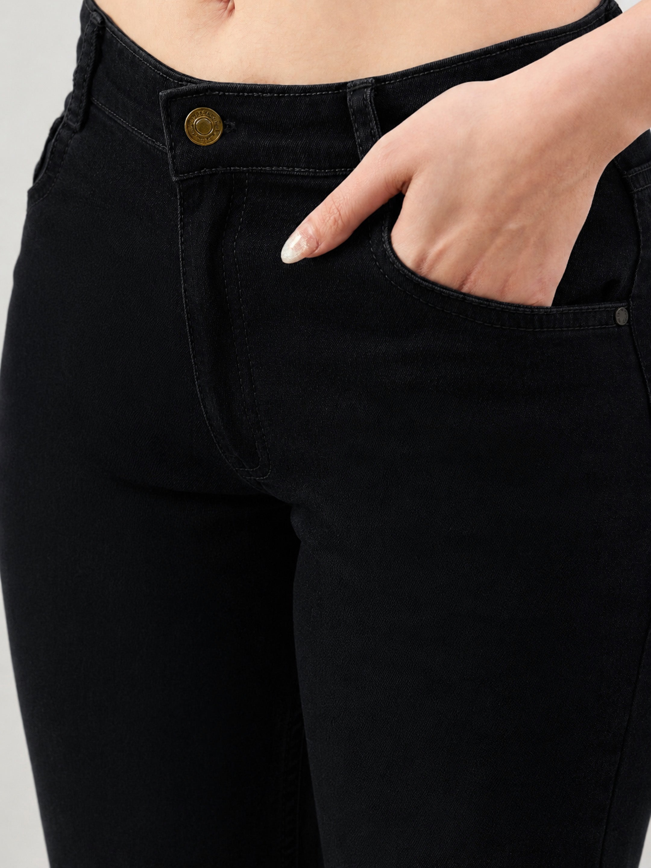 DesiQlo Jet Black Button-at-Hem Boot Cut Jeans - Black
