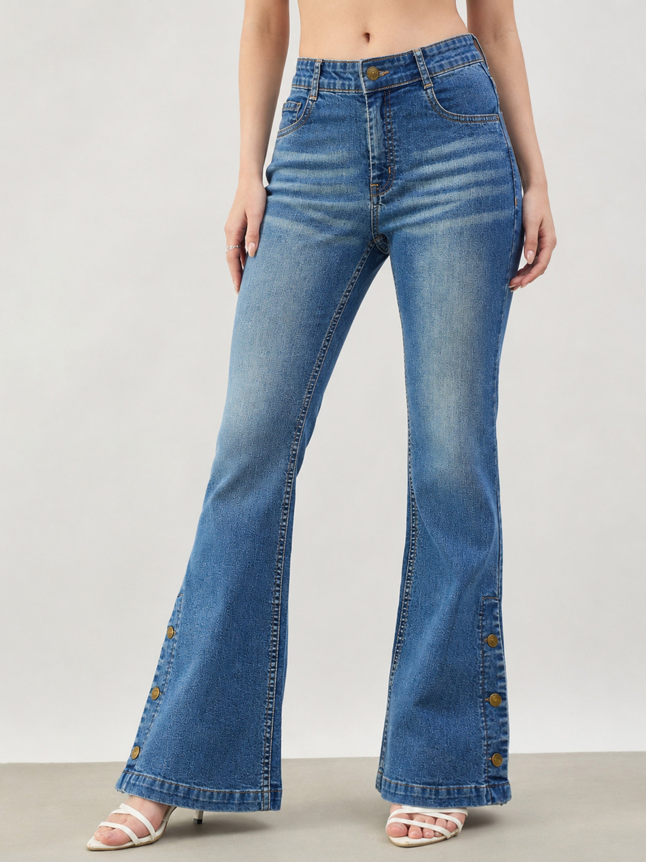 DesiQlo Blue Whisker Button-at-Hem Boot Cut Jeans - Blue