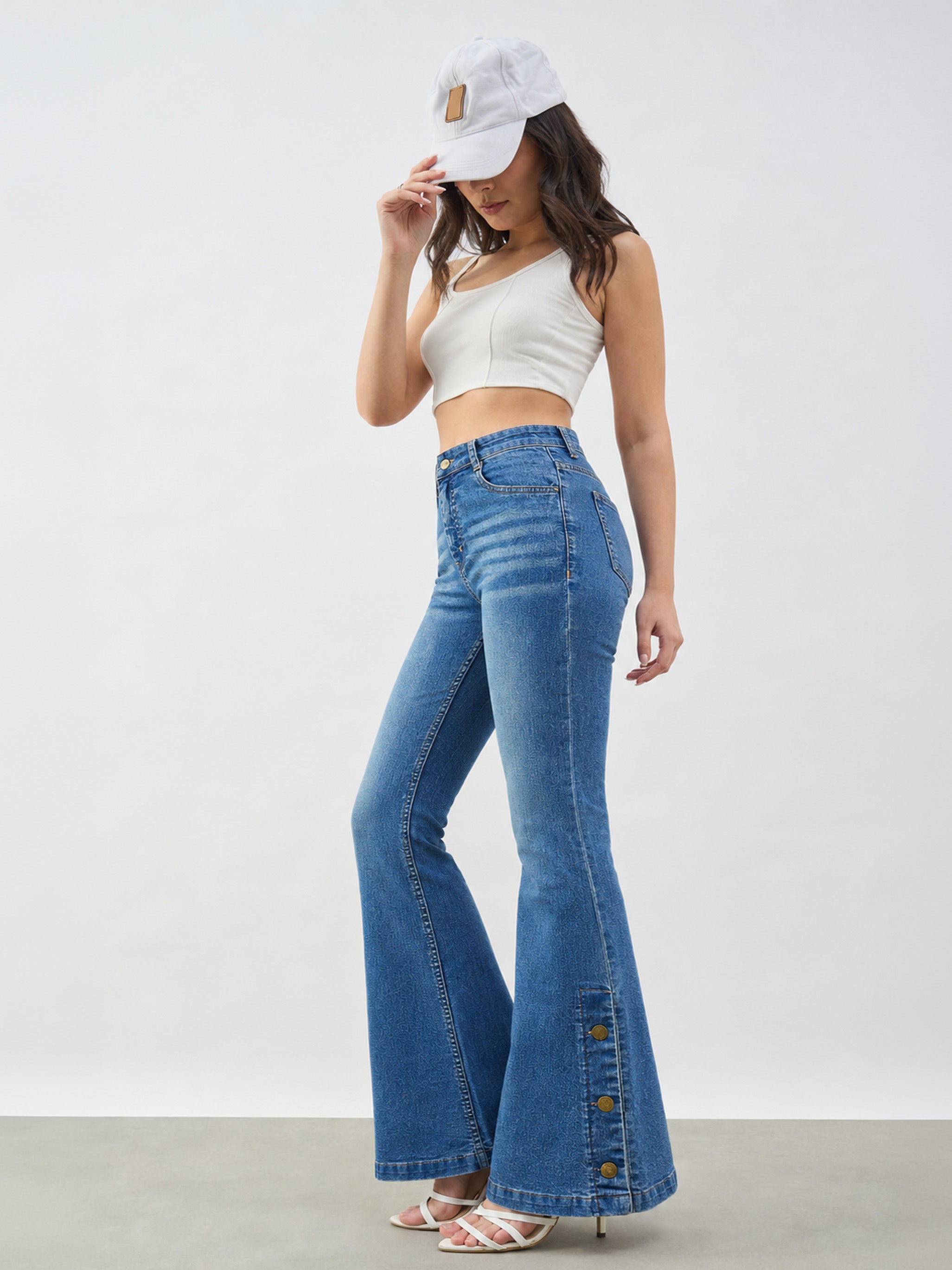 DesiQlo Blue Whisker Button-at-Hem Boot Cut Jeans - Blue