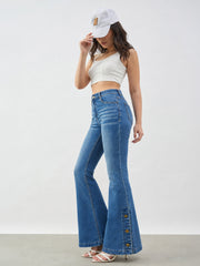 Women Blue Whisker Button-at-Hem Boot Cut Jeans