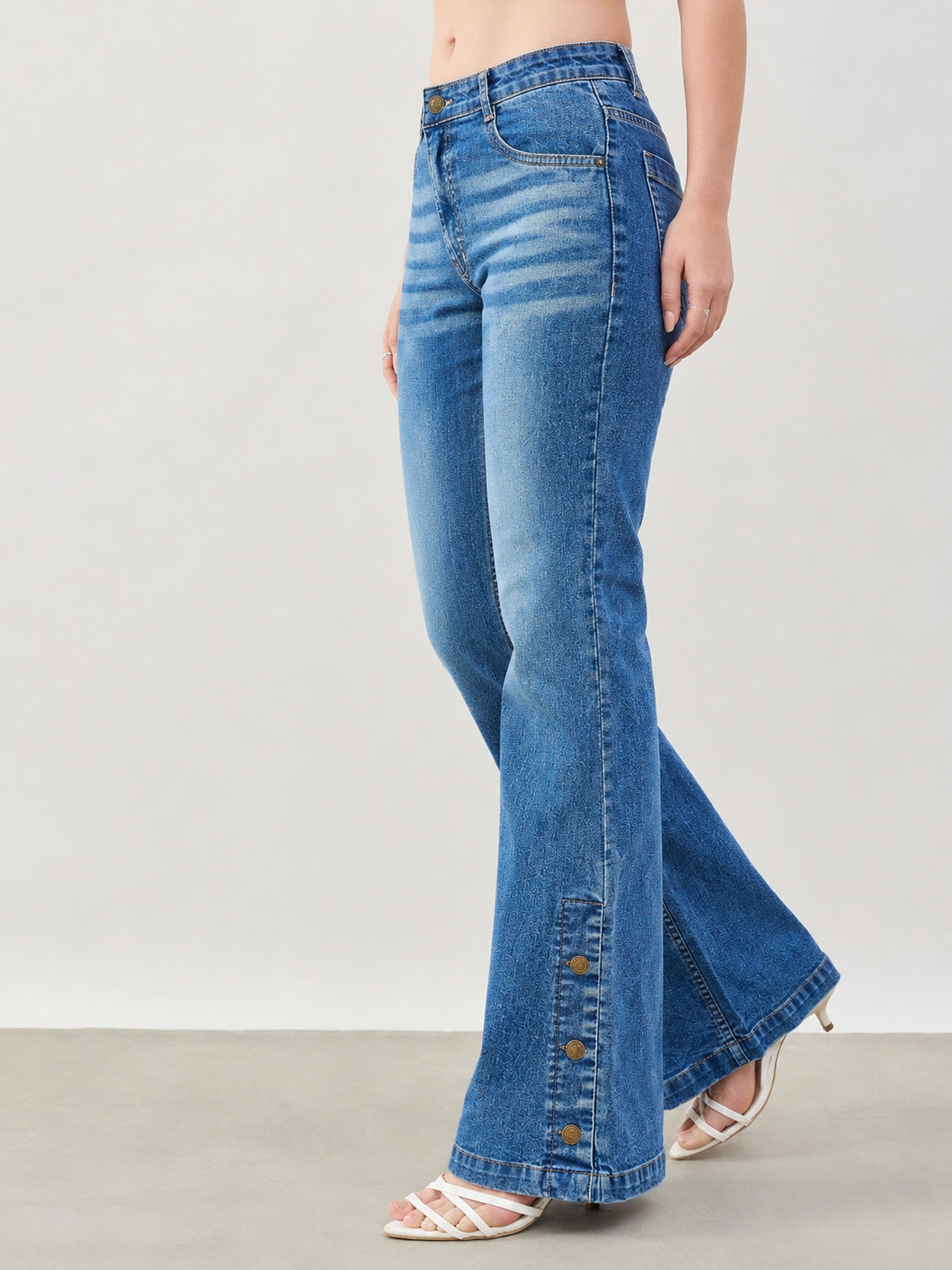 DesiQlo Blue Whisker Button-at-Hem Boot Cut Jeans - Blue