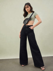 Women Jet Black Low Waist Wide Leg Jeans