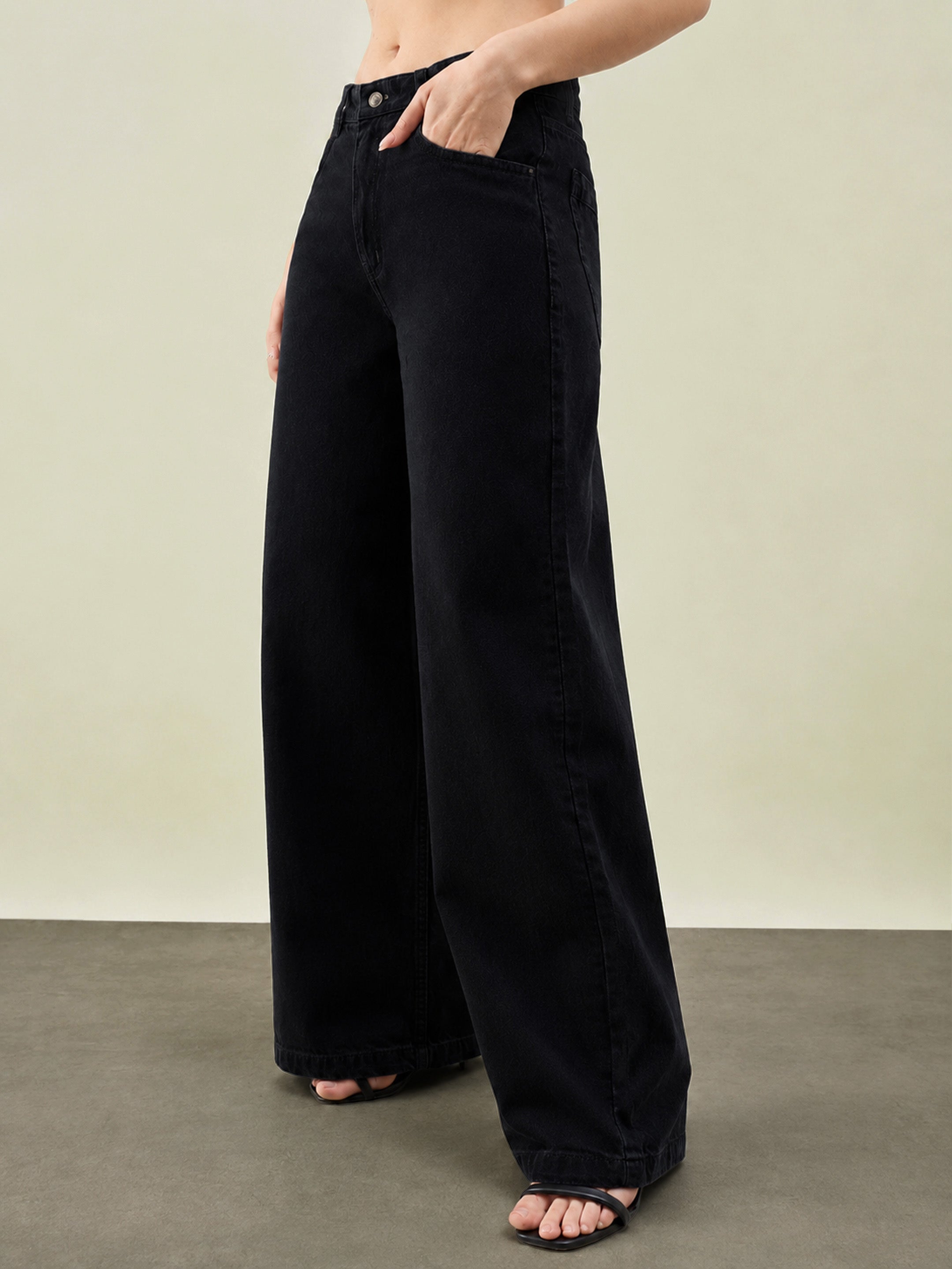DesiQlo Jet Black Low Waist Wide Leg Jeans - Black
