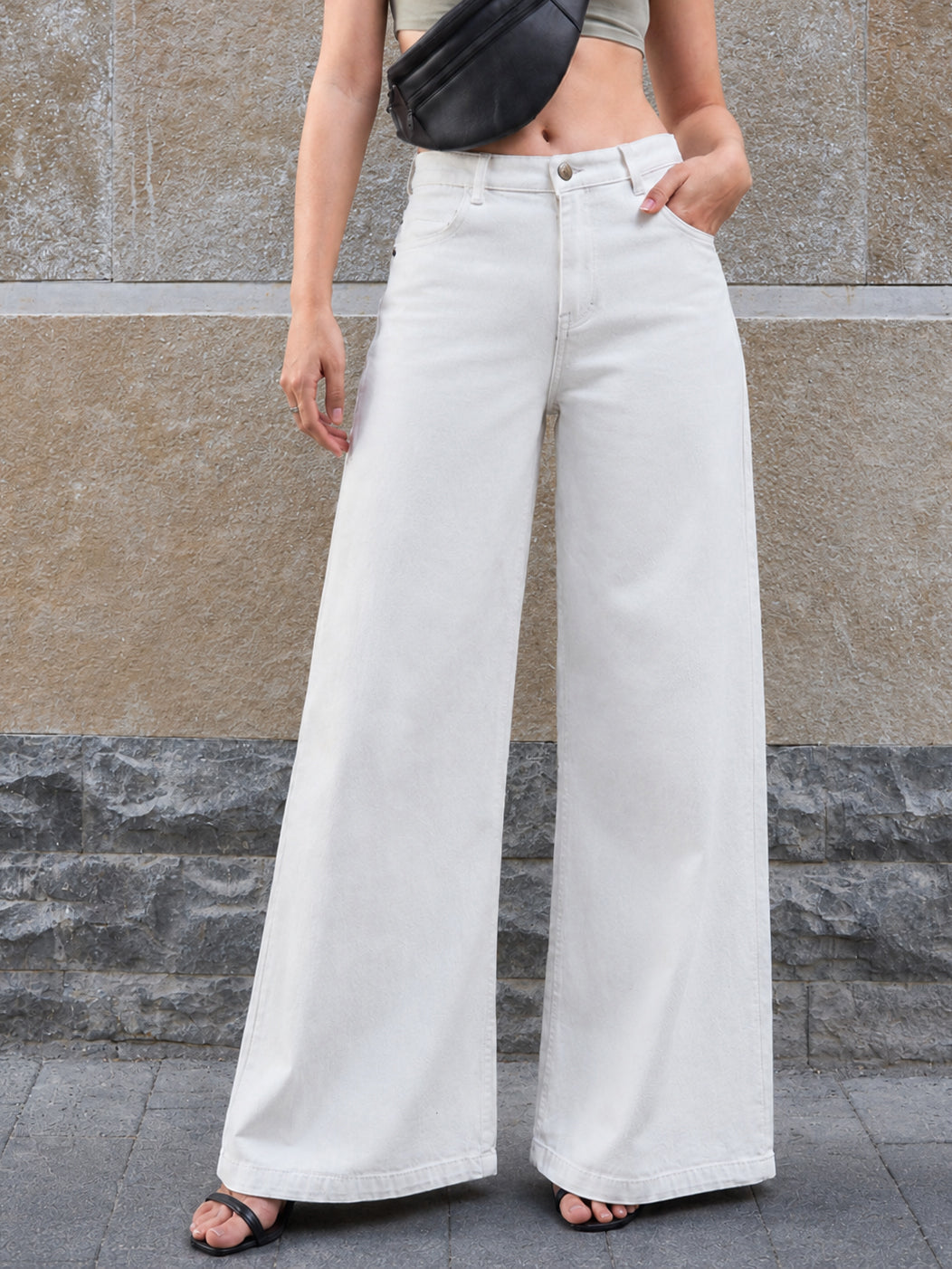 DesiQlo White Low Waist Wide Leg Jeans - White
