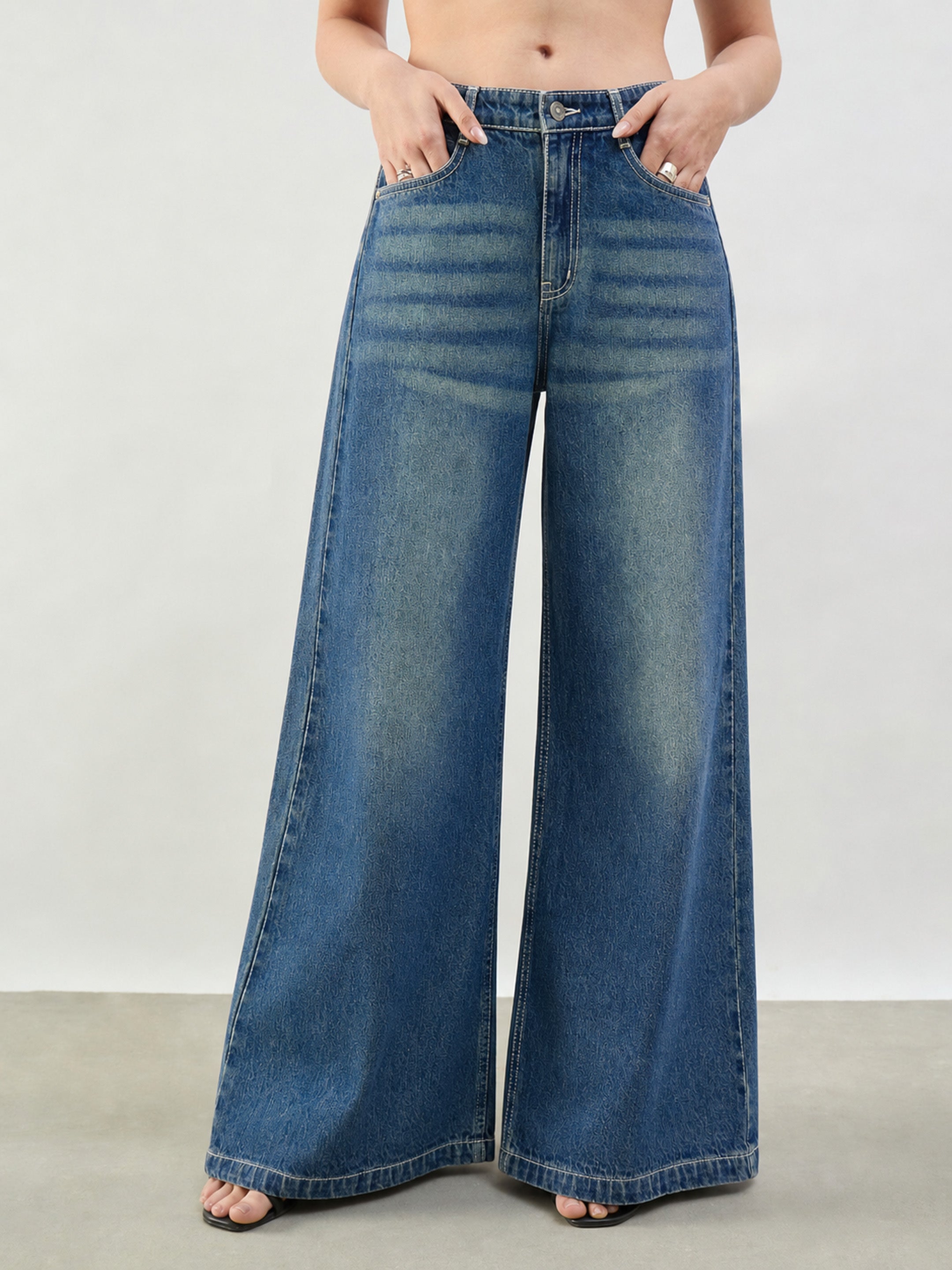 DesiQlo Blue Whisker Low Waist Wide Leg Jeans - Blue