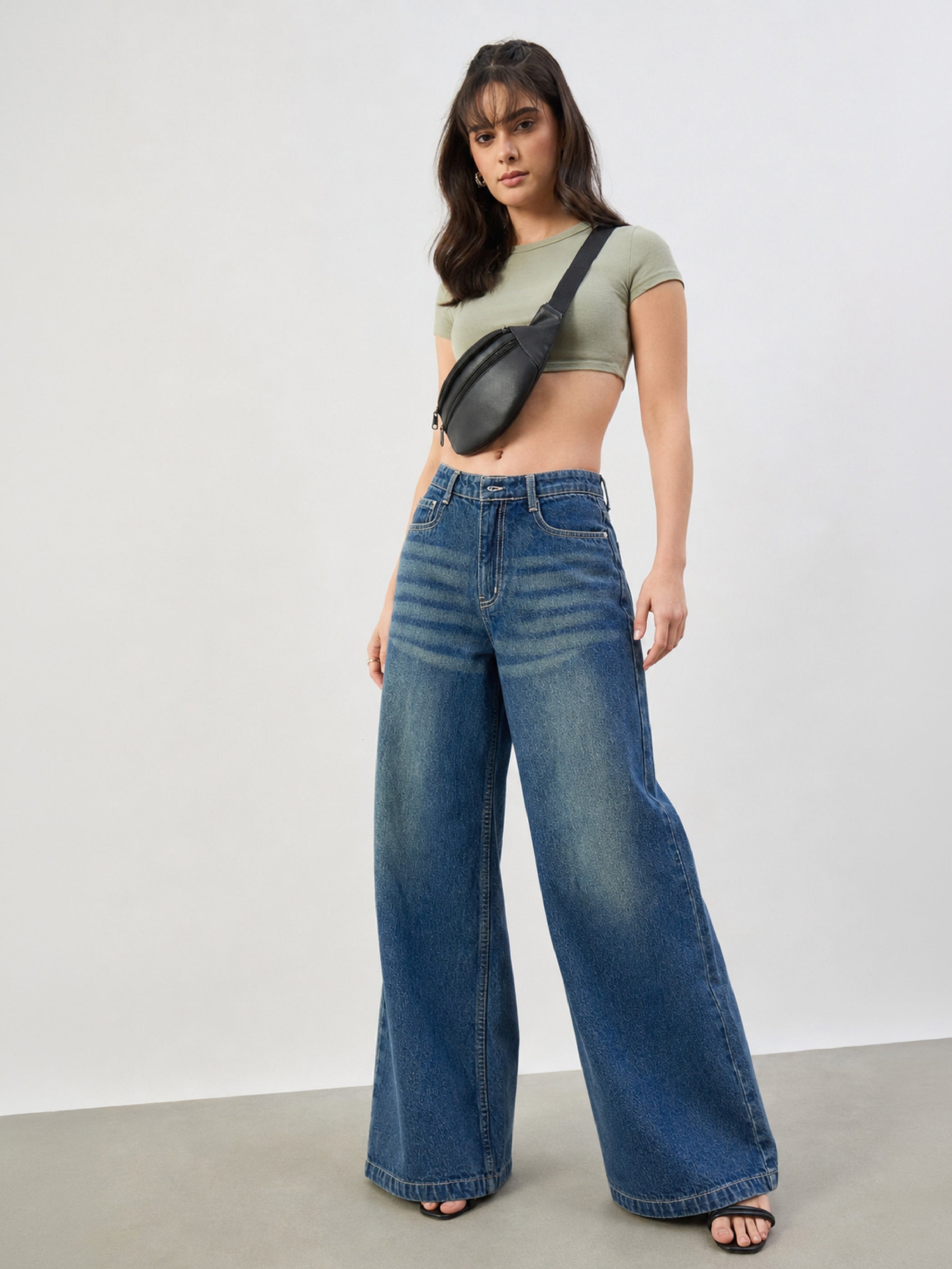 DesiQlo Blue Whisker Low Waist Wide Leg Jeans - Blue