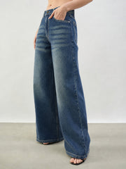 Women Blue Whisker Low Waist Wide Leg Jeans
