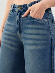 Women Blue Whisker Low Waist Wide Leg Jeans