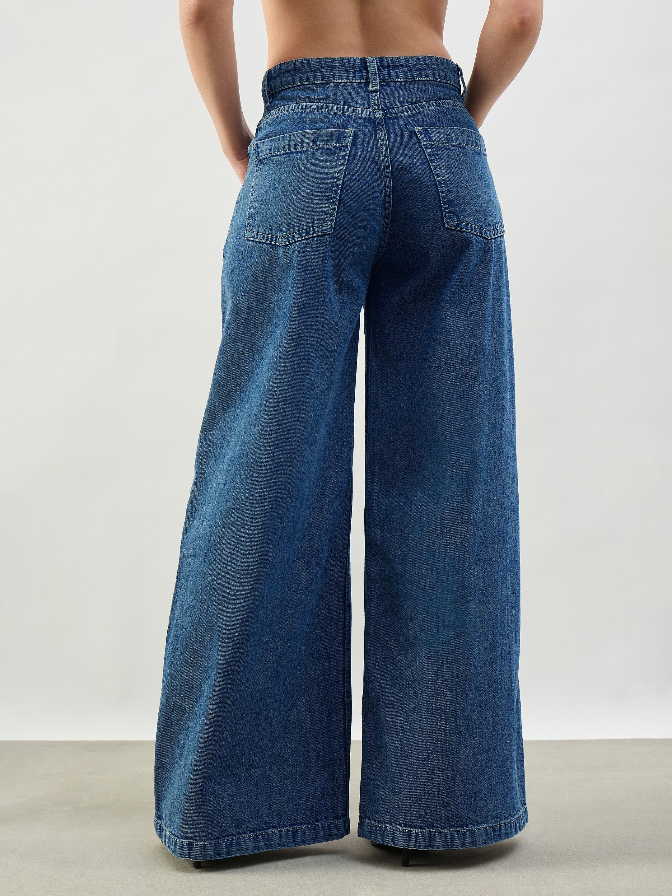 DesiQlo Blue Whisker Low Waist Wide Leg Jeans - Blue