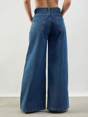 Women Blue Whisker Low Waist Wide Leg Jeans