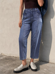 Women Light Blue Wash Whisker Front Seam Balloon Fit Jeans