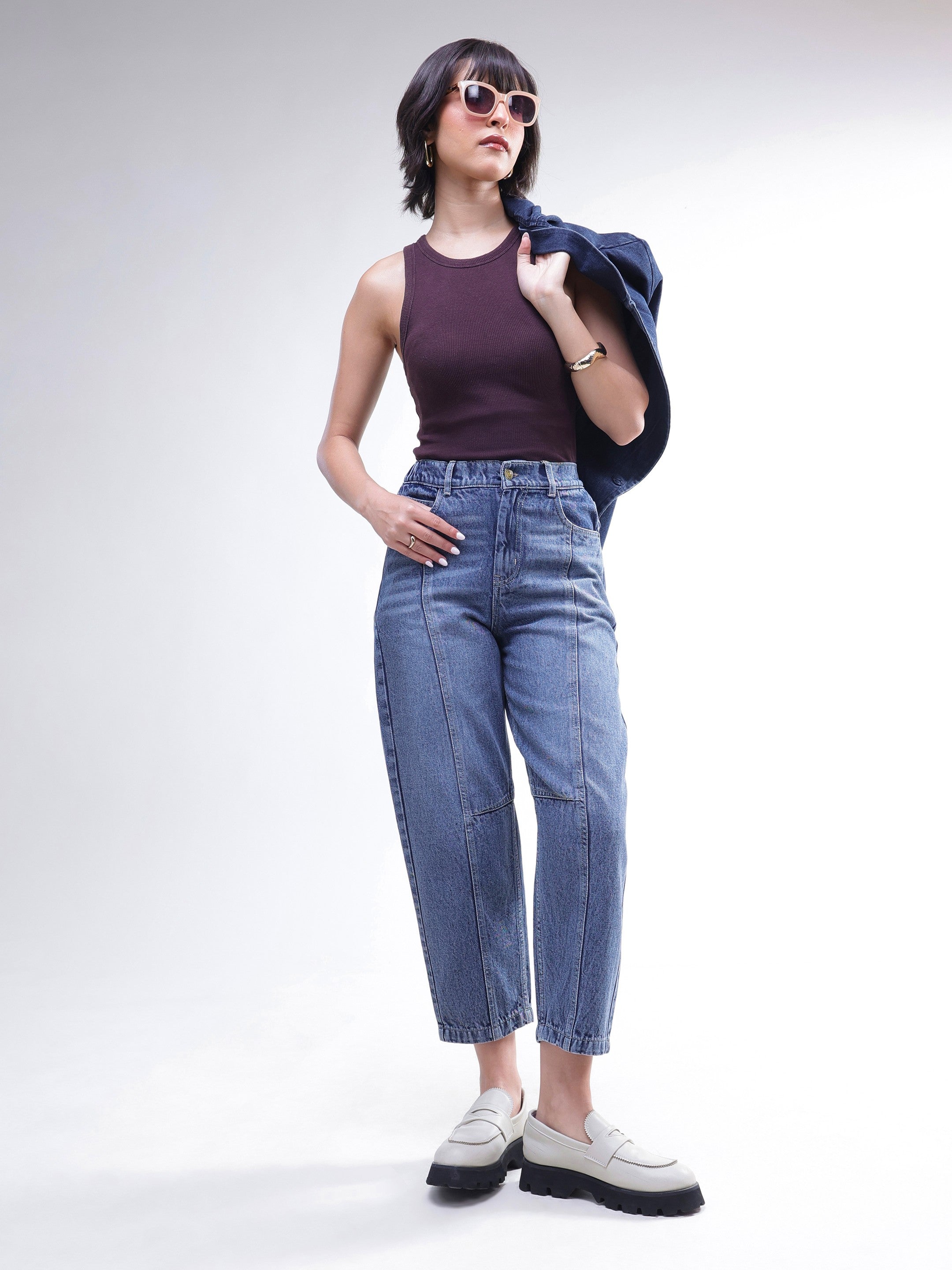 DesiQlo Light Blue Wash Whisker Front Seam Balloon Fit Jeans - Bl
