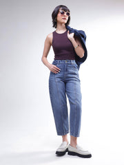 Women Light Blue Wash Whisker Front Seam Balloon Fit Jeans