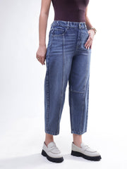 Women Light Blue Wash Whisker Front Seam Balloon Fit Jeans