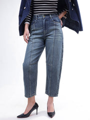 Women Blue Wash Whisker Front Seam Balloon Fit Jeans