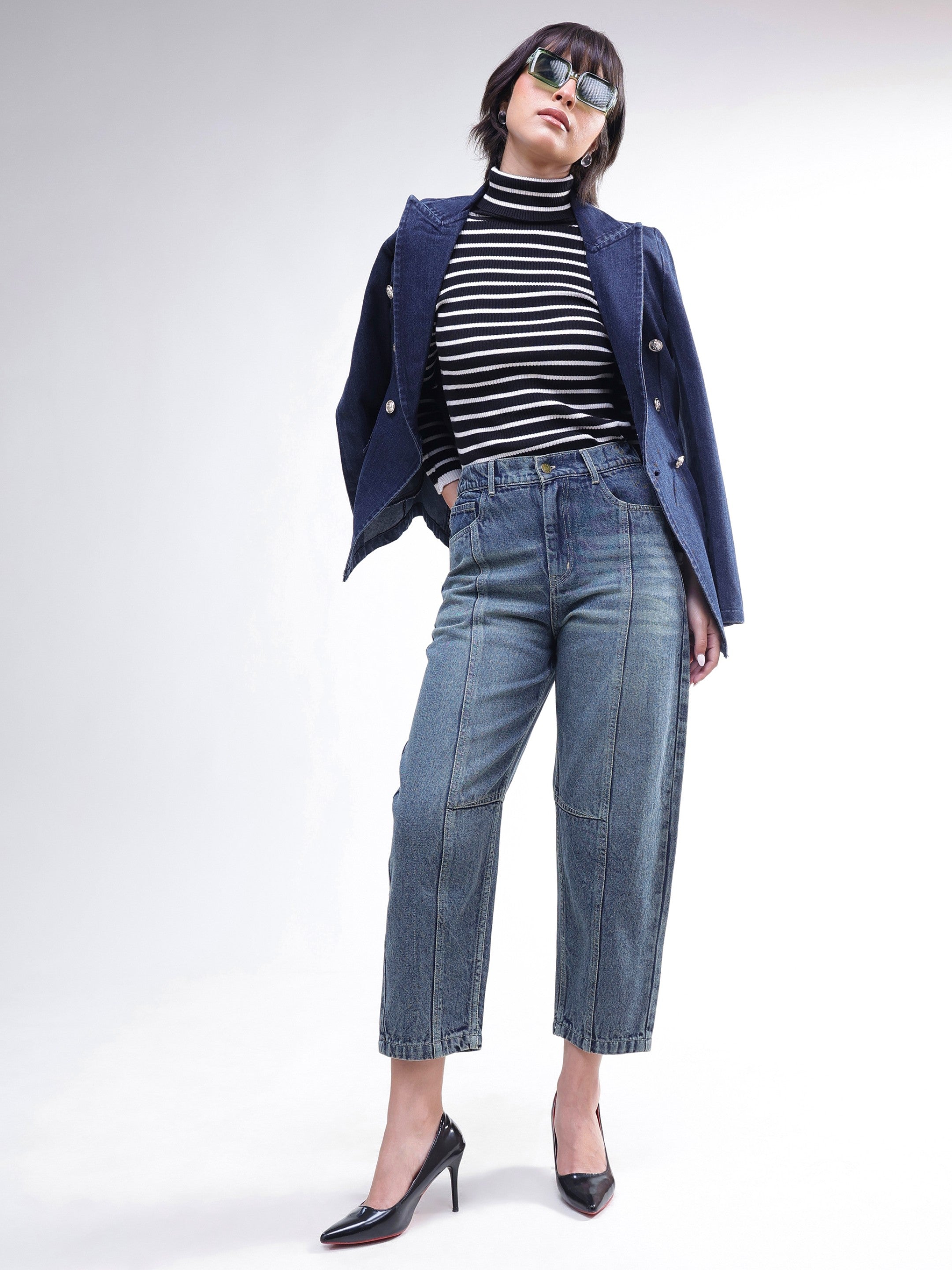 DesiQlo Blue Wash Whisker Front Seam Balloon Fit Jeans - Blue