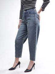 Women Blue Wash Whisker Front Seam Balloon Fit Jeans