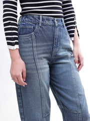 Women Blue Wash Whisker Front Seam Balloon Fit Jeans