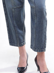 Women Blue Wash Whisker Front Seam Balloon Fit Jeans