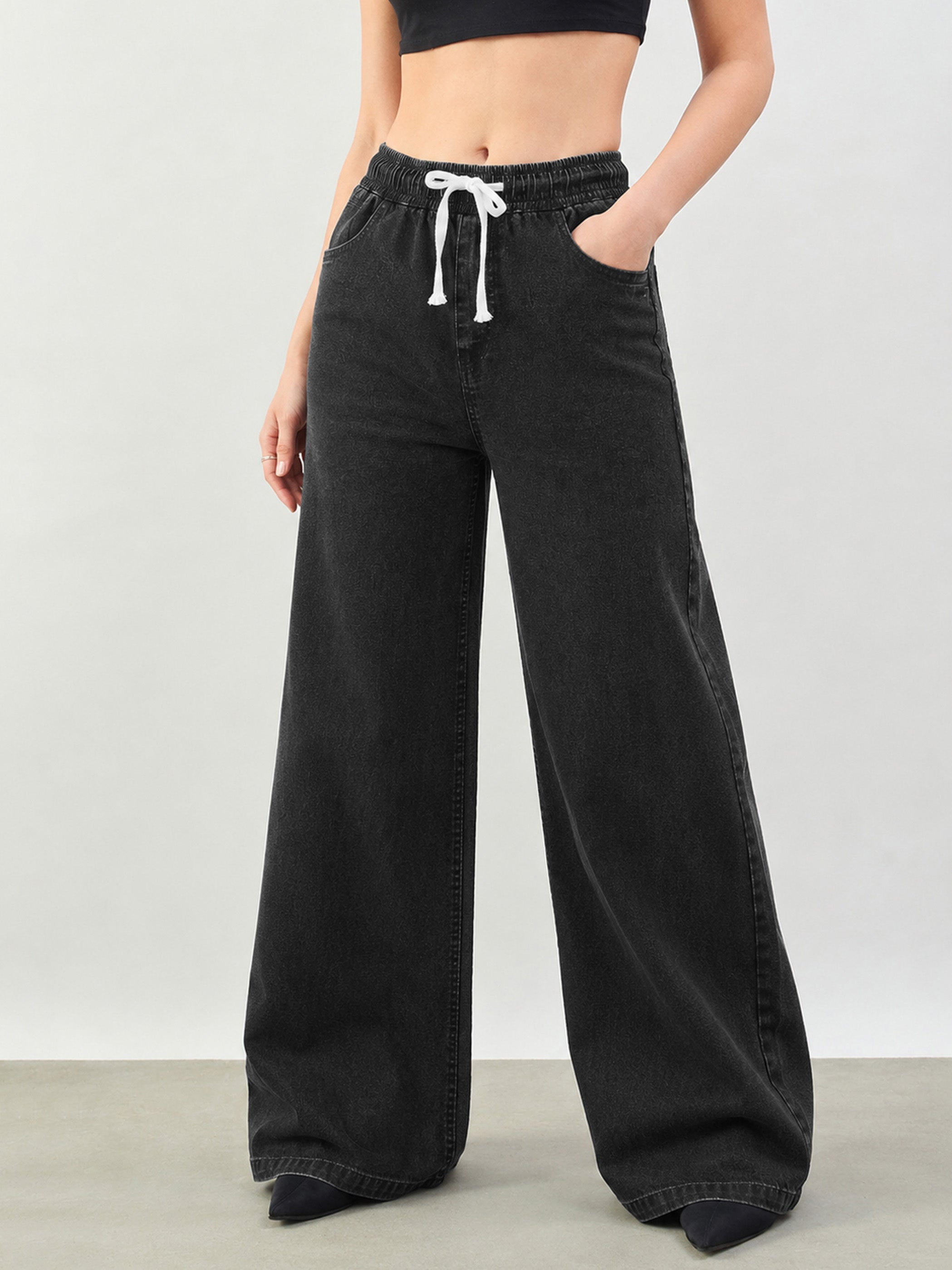 DesiQlo Black Baggy Drawstring Jeans - Black