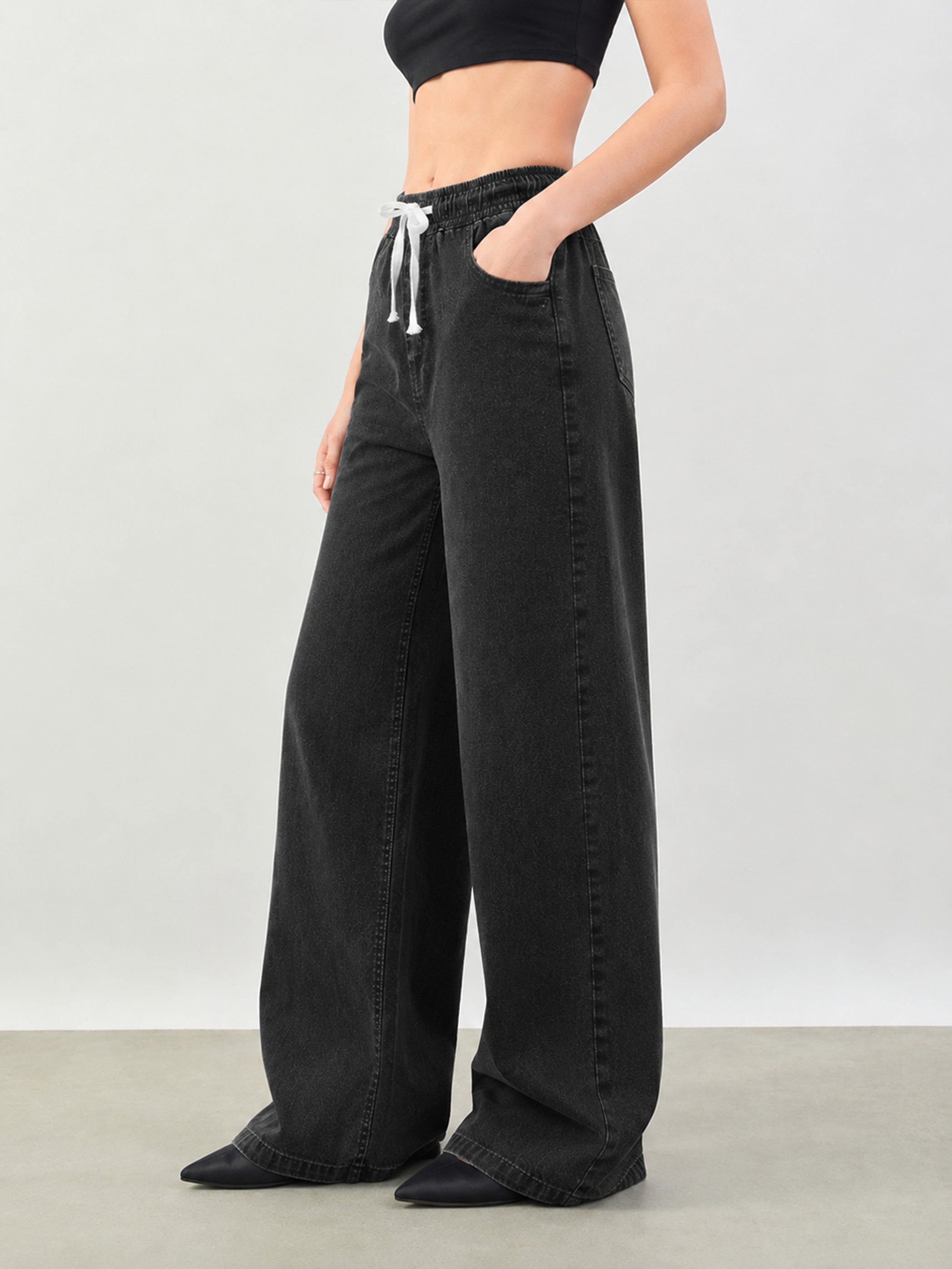 DesiQlo Black Baggy Drawstring Jeans - Black