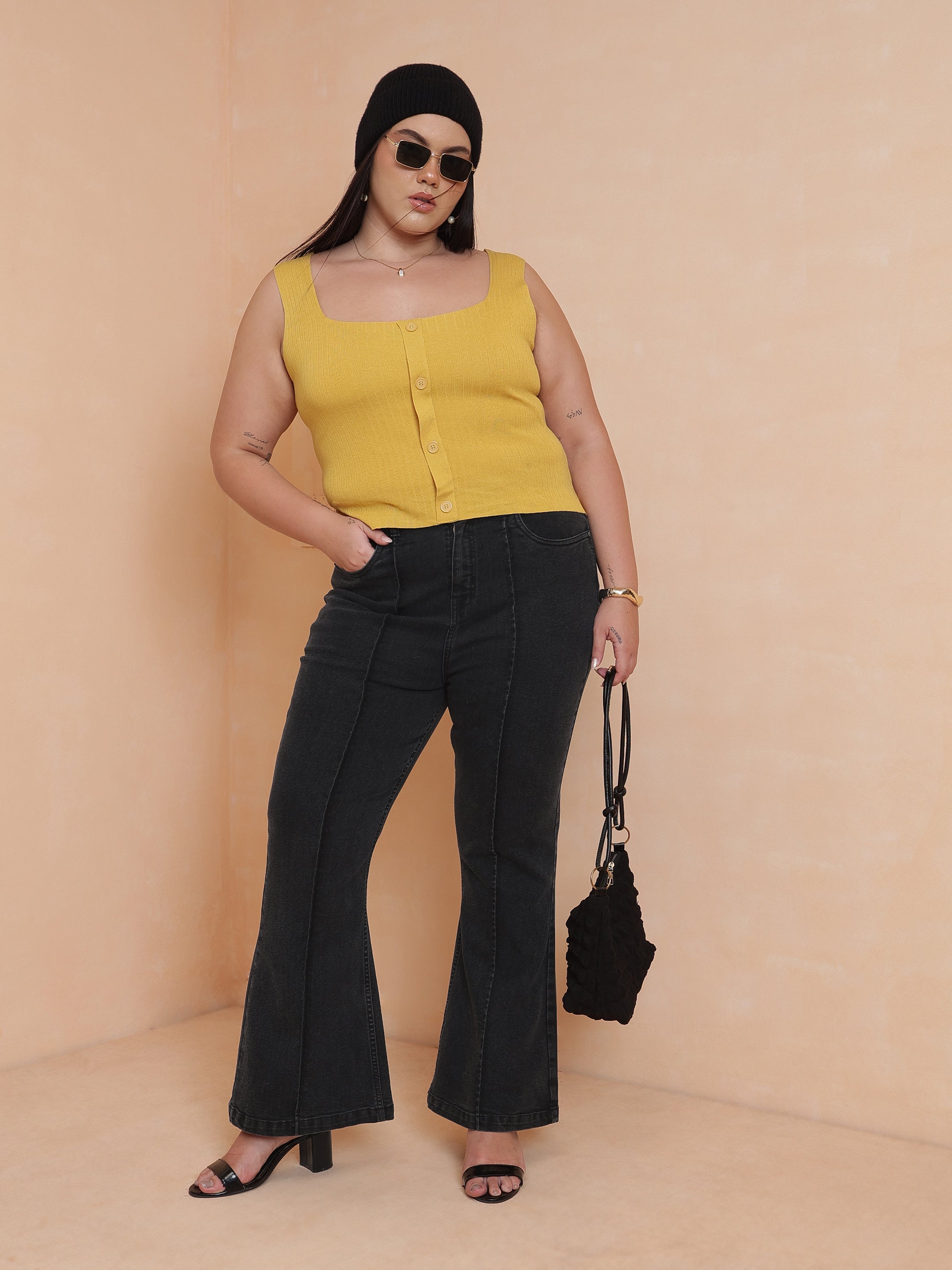 DesiQlo Black Wash Denim Bell Bottom Jeans - Black