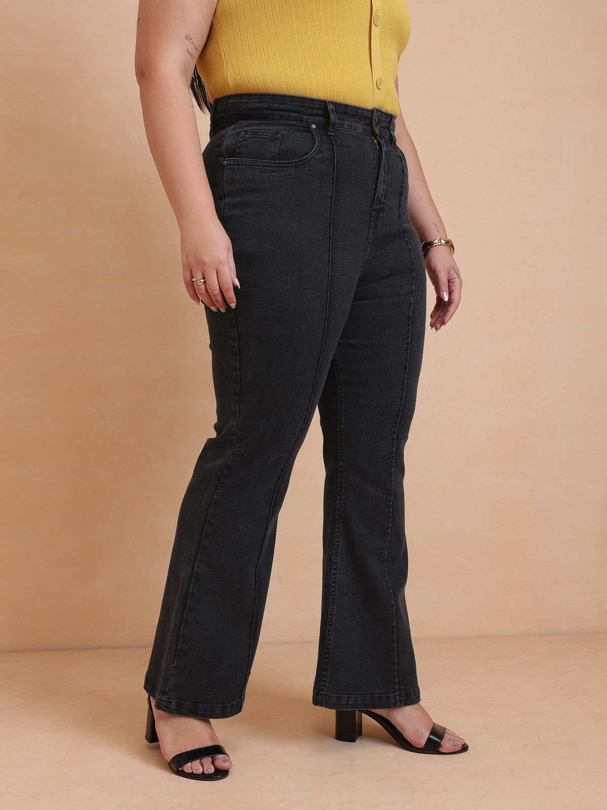 Women Black Wash Denim Bell Bottom Jeans