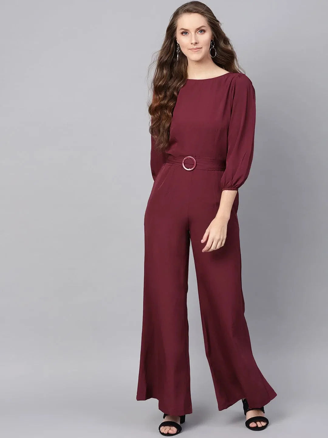 Women's Maroon Jumpsuit with Belt - Designer Lehenga Look