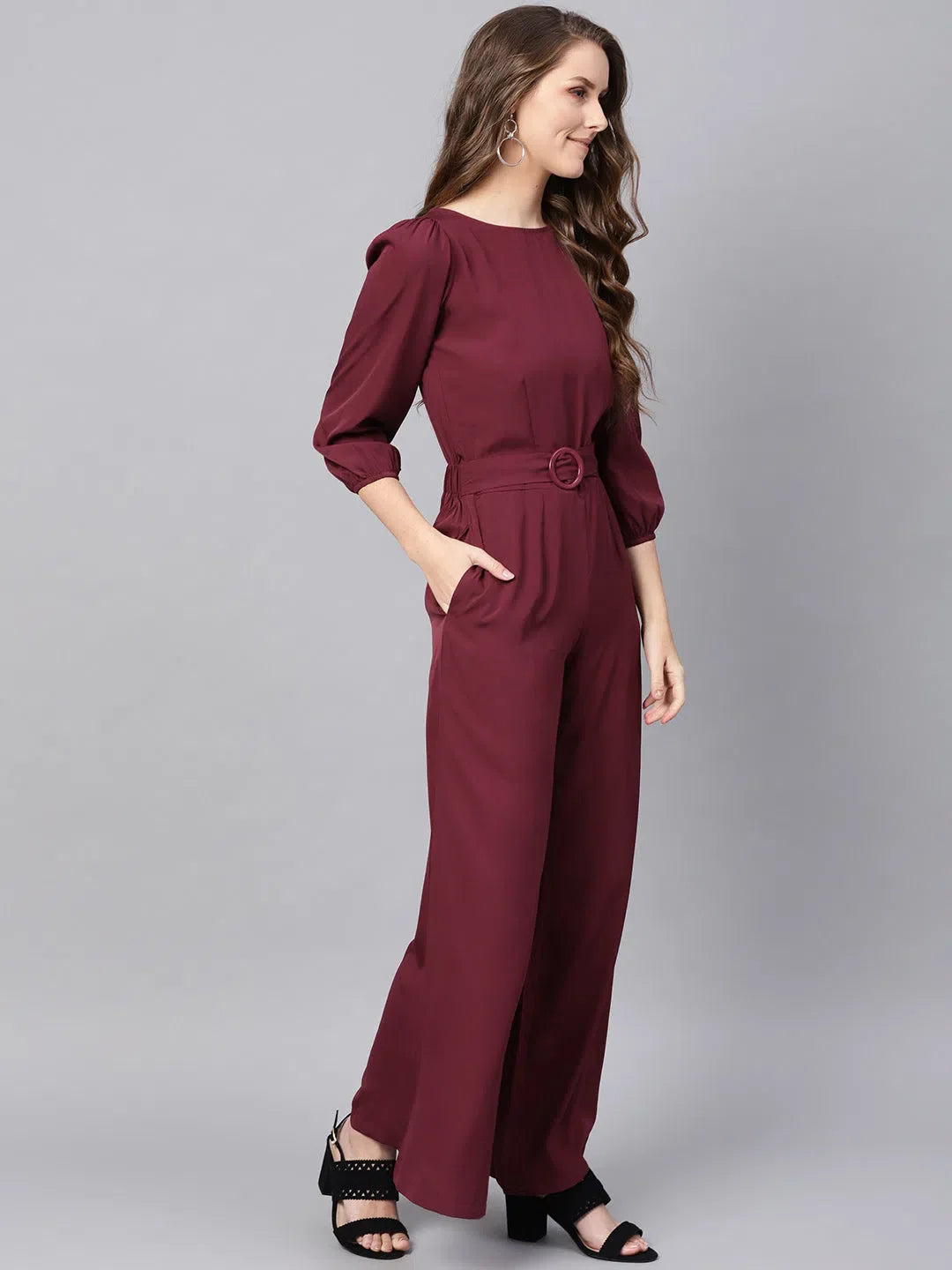 Women's Maroon Jumpsuit with Belt - Designer Lehenga Look