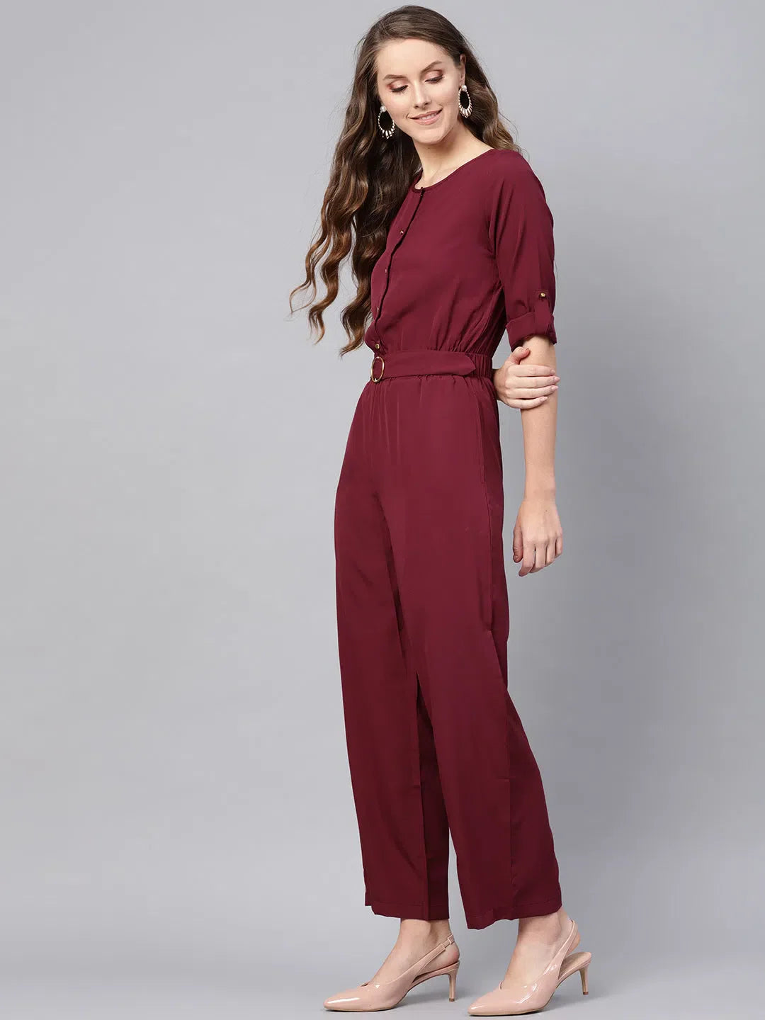 Wine Buckle Belt Palazzo Pants Set | Women's Chic Jumpsuit