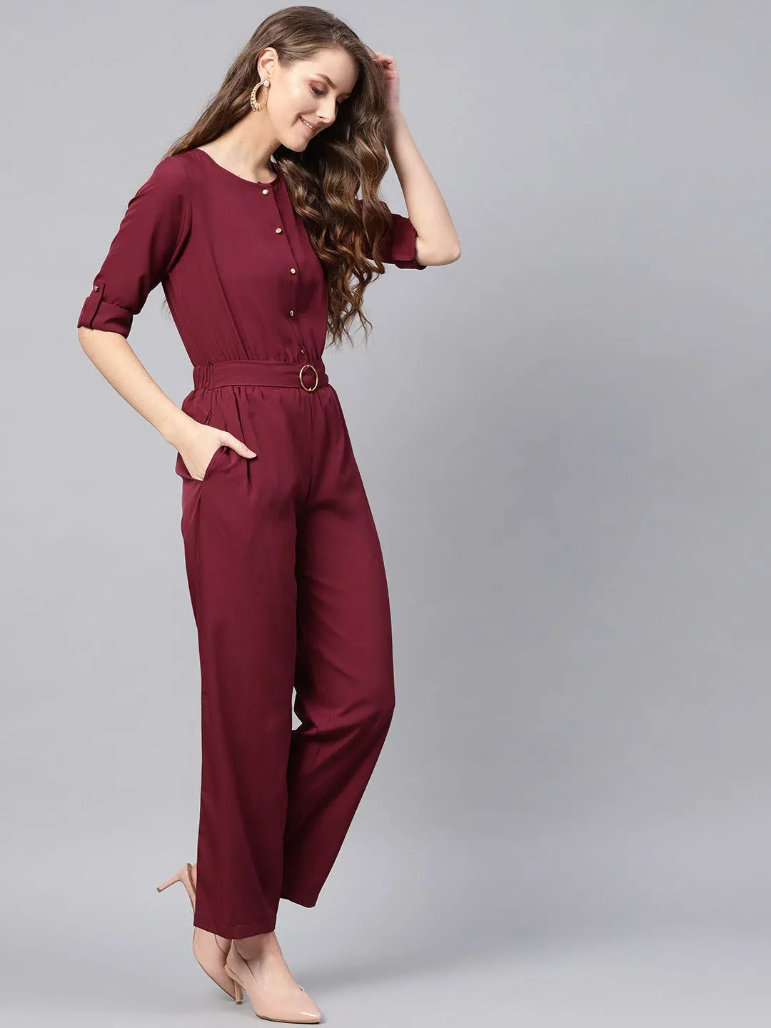 Wine Buckle Belt Palazzo Pants Set | Women's Chic Jumpsuit