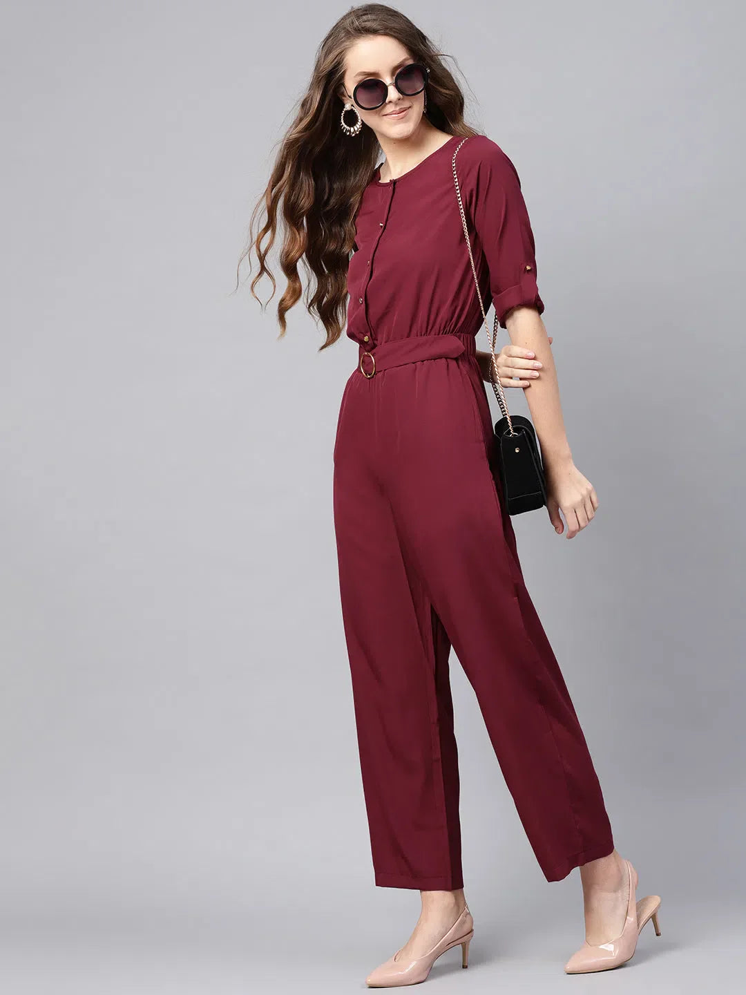 Wine Buckle Belt Palazzo Pants Set | Women's Chic Jumpsuit
