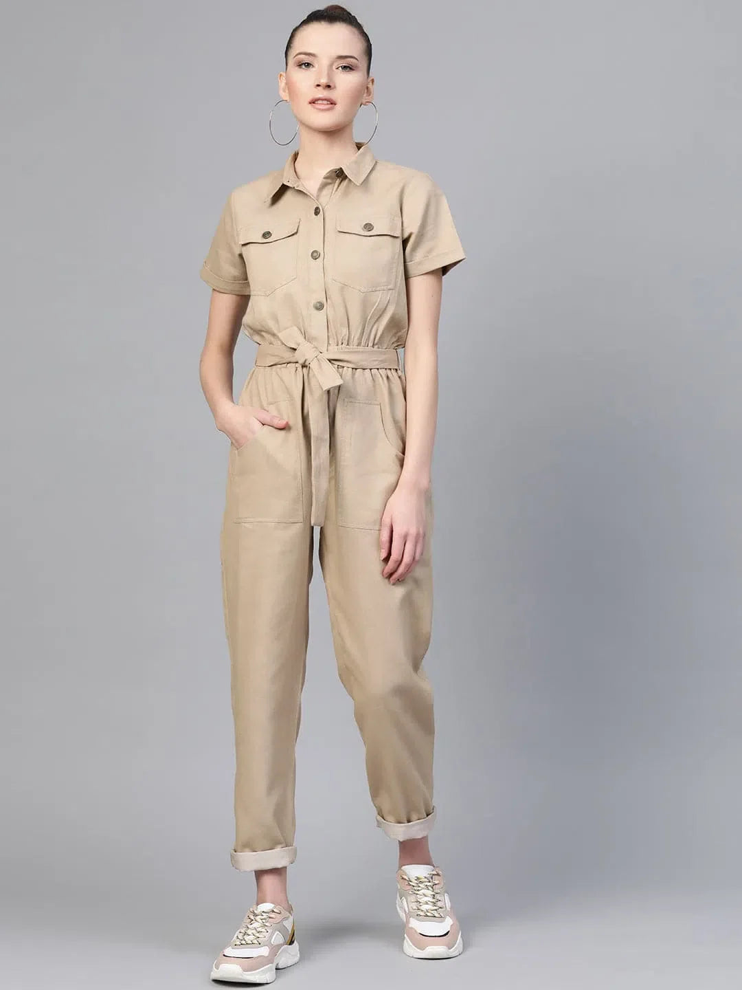 Beige Cotton Jumpsuit - Solid Women's Jumpsuits & Sets