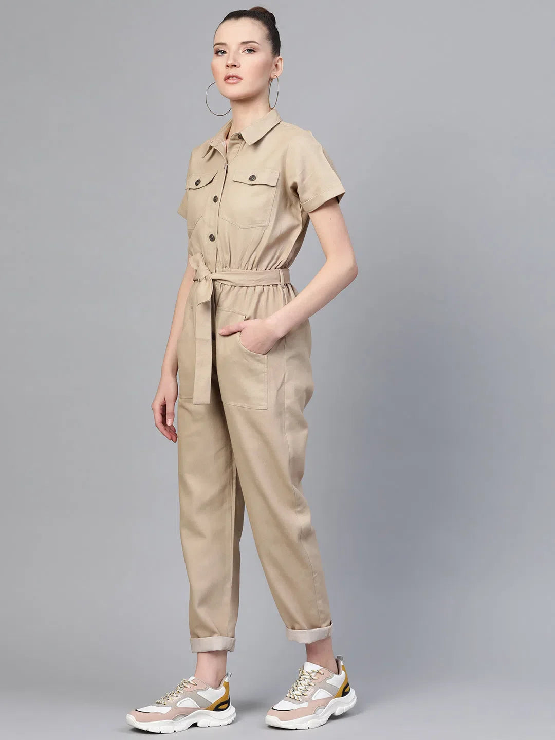 Beige Cotton Jumpsuit - Solid Women's Jumpsuits & Sets