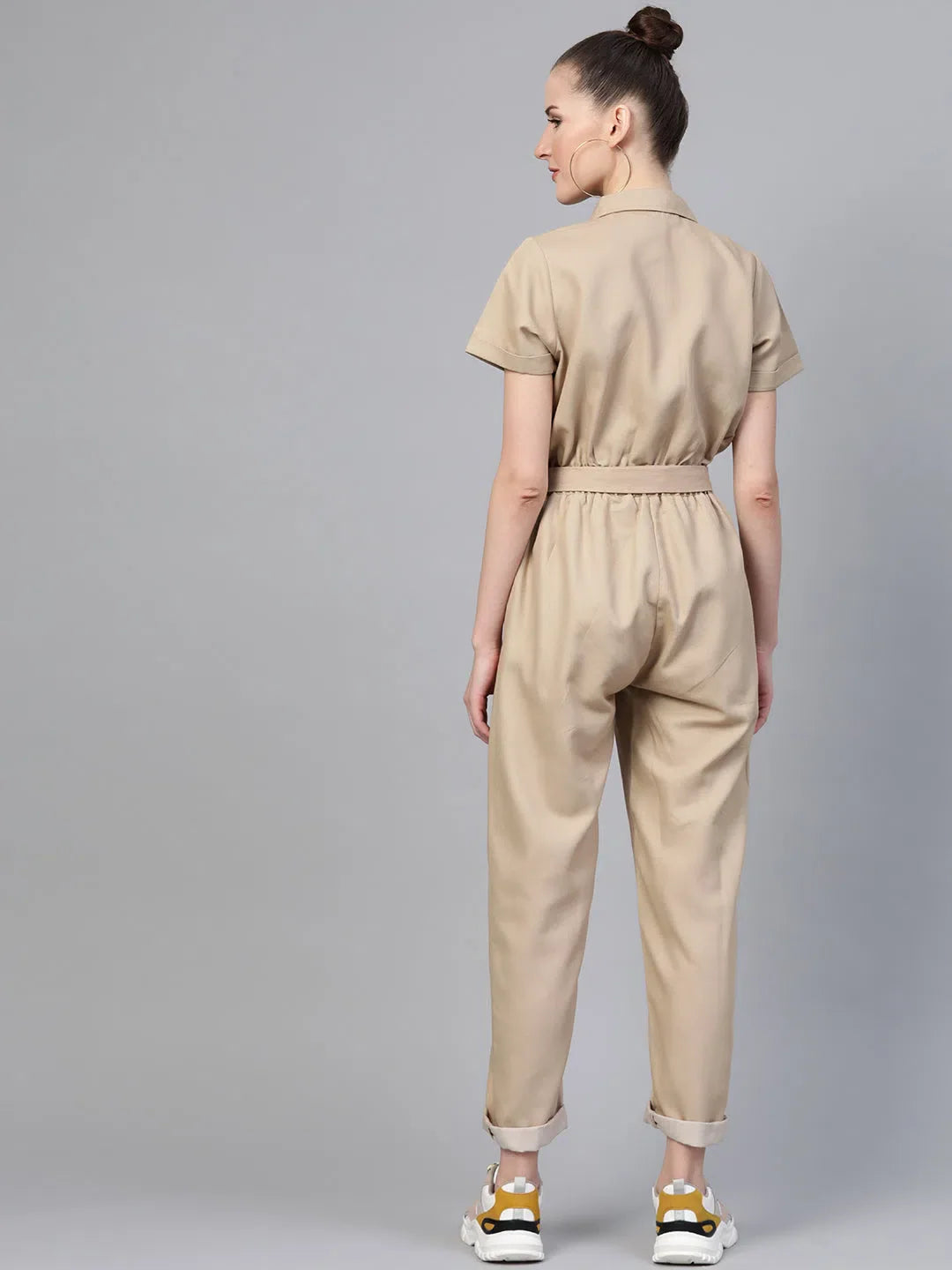 Beige Cotton Jumpsuit - Solid Women's Jumpsuits & Sets