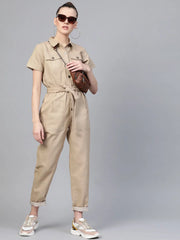 Women Solid Standard Beige Jumpsuits & Sets