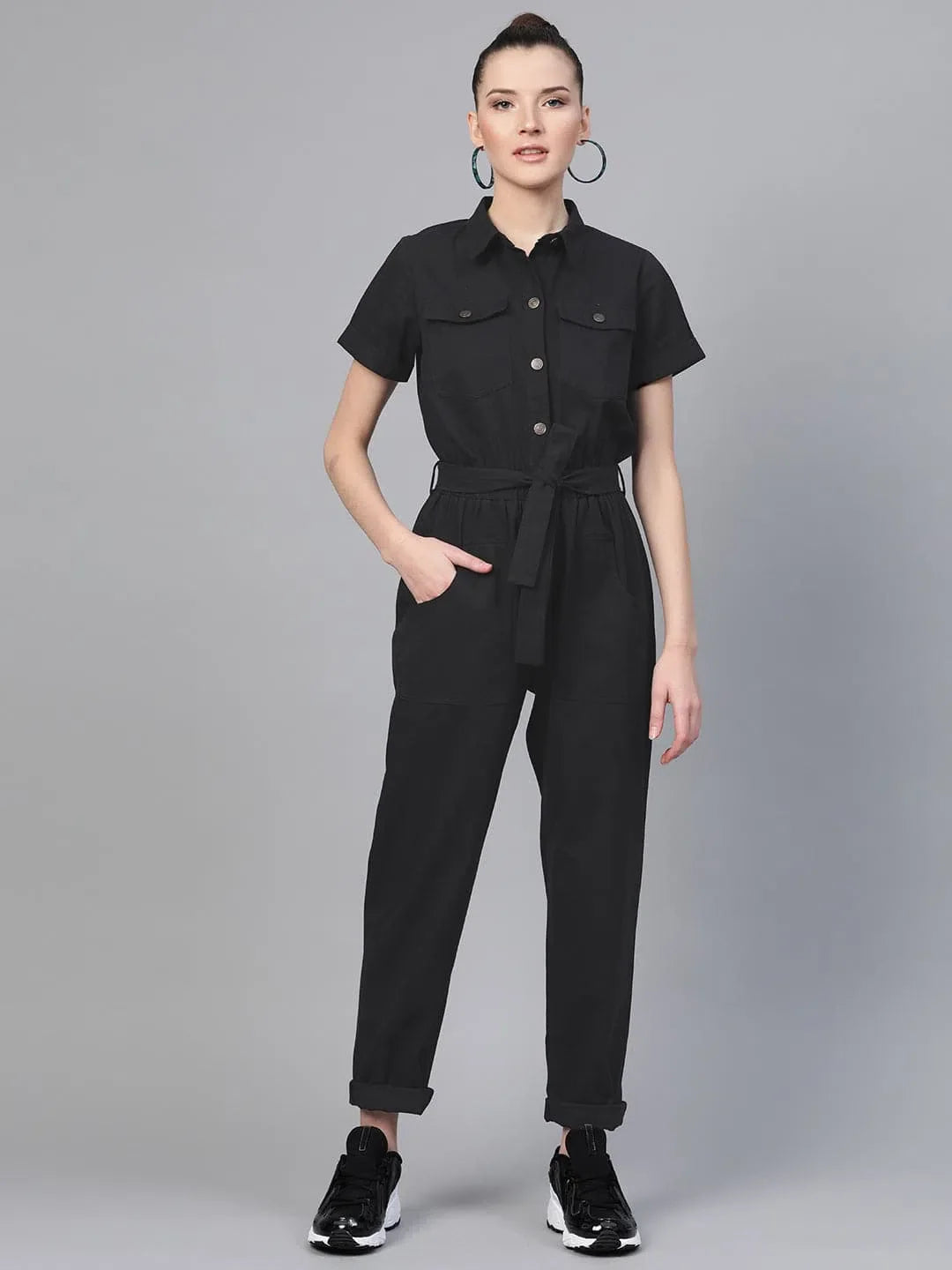 Black Belted Women's Jumpsuit - Elegant & Comfortable