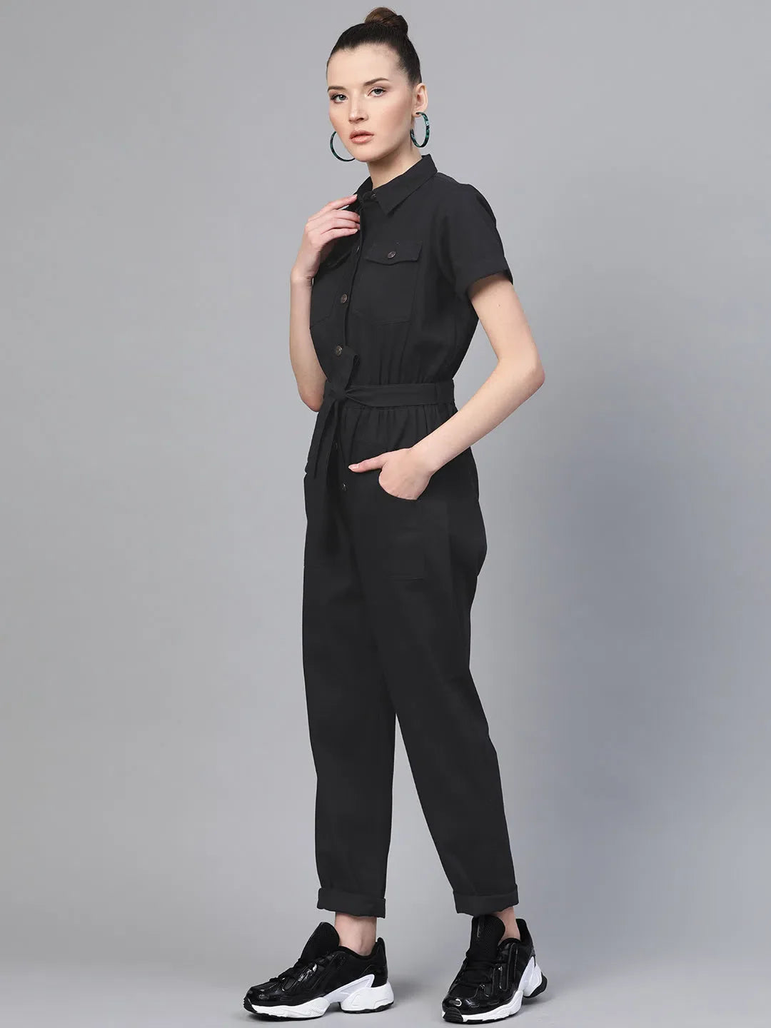 Black Belted Women's Jumpsuit - Elegant & Comfortable