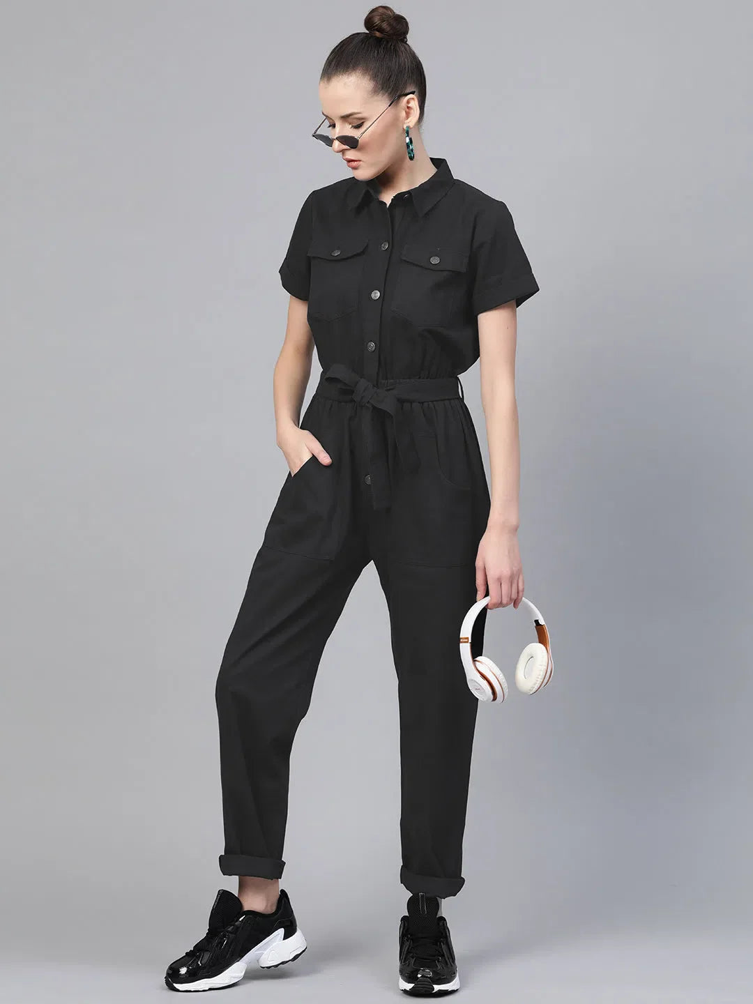 Black Belted Women's Jumpsuit - Elegant & Comfortable