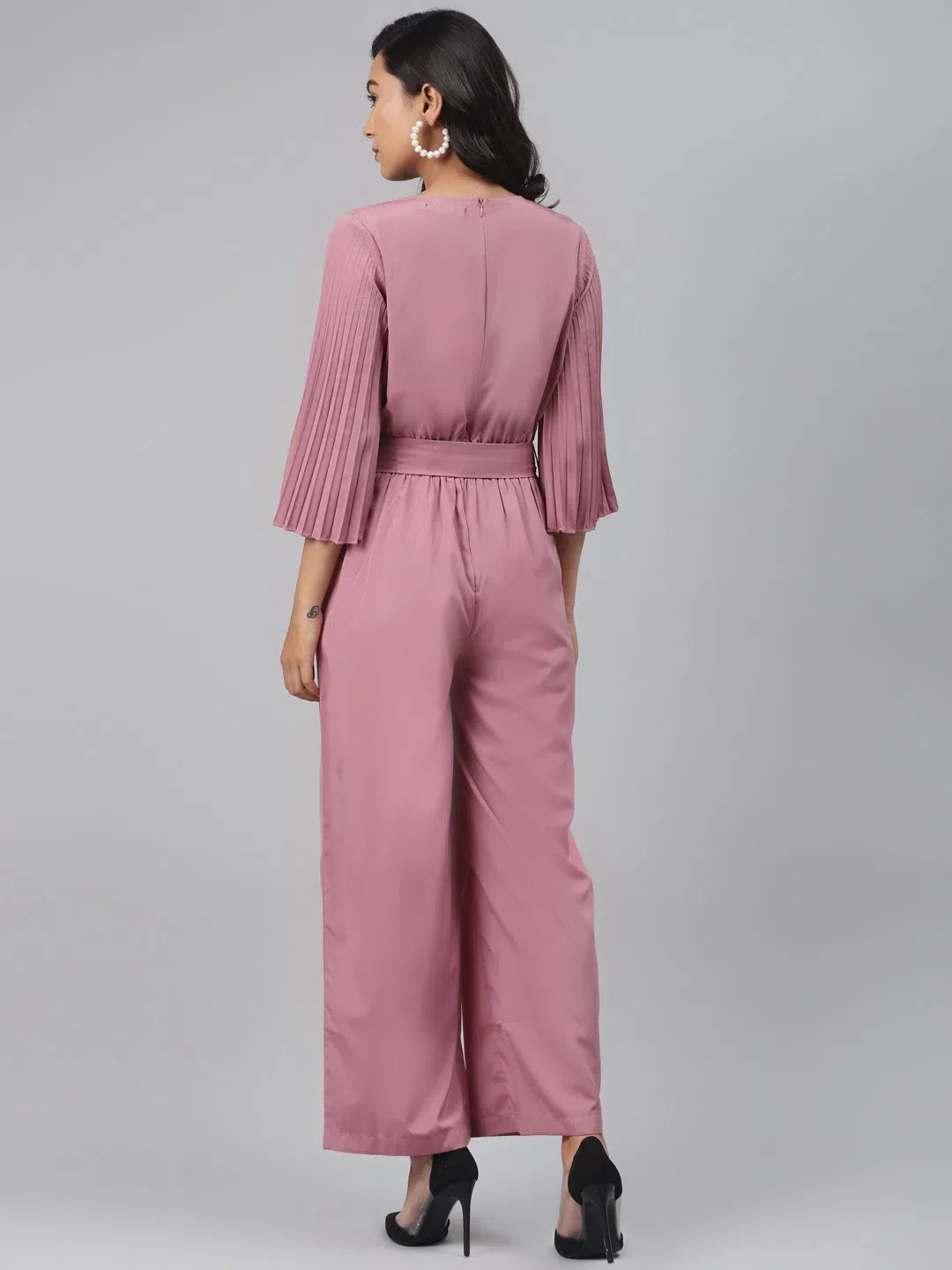 Pink Solid Jumpsuit & Set | Women's Pleated Sleeve Jumpsuit