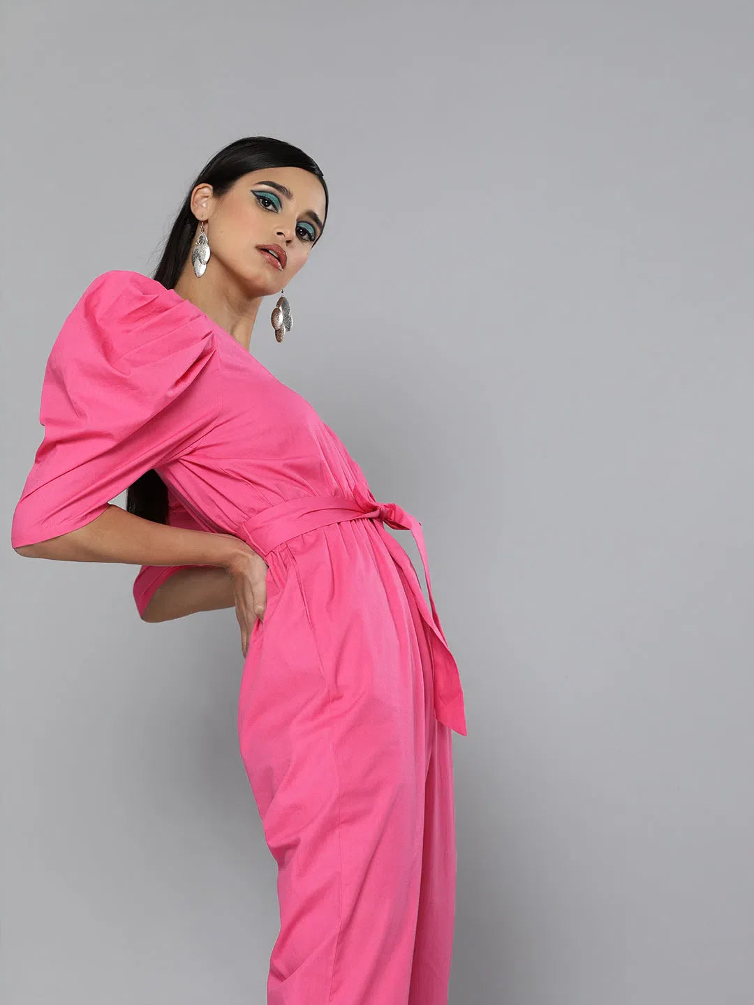 Fuschia Cotton Jumpsuit: Women's Solid Tapered Leg Jumpsuit