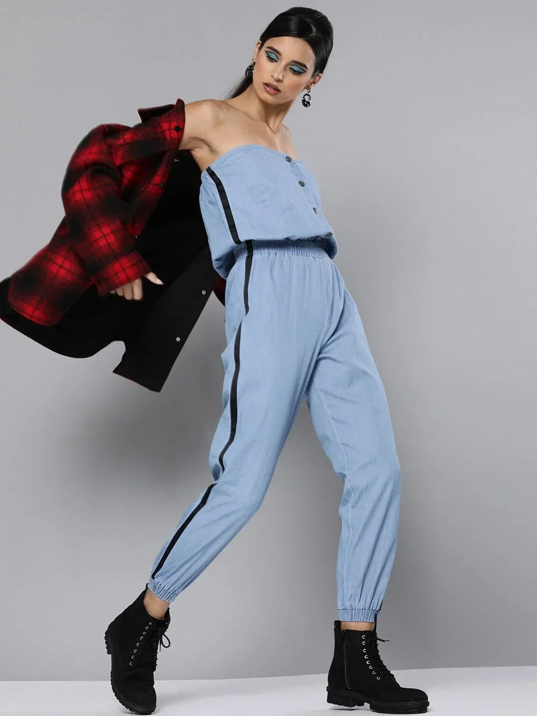 Blue Denim Jumpsuit: Women's Chambray Side Tape Ankle Length