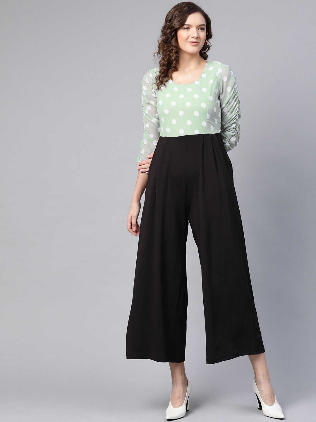 Women Sea Green Polka Dot Sleeve Rouching Jumpsuit-SFJMPS8150