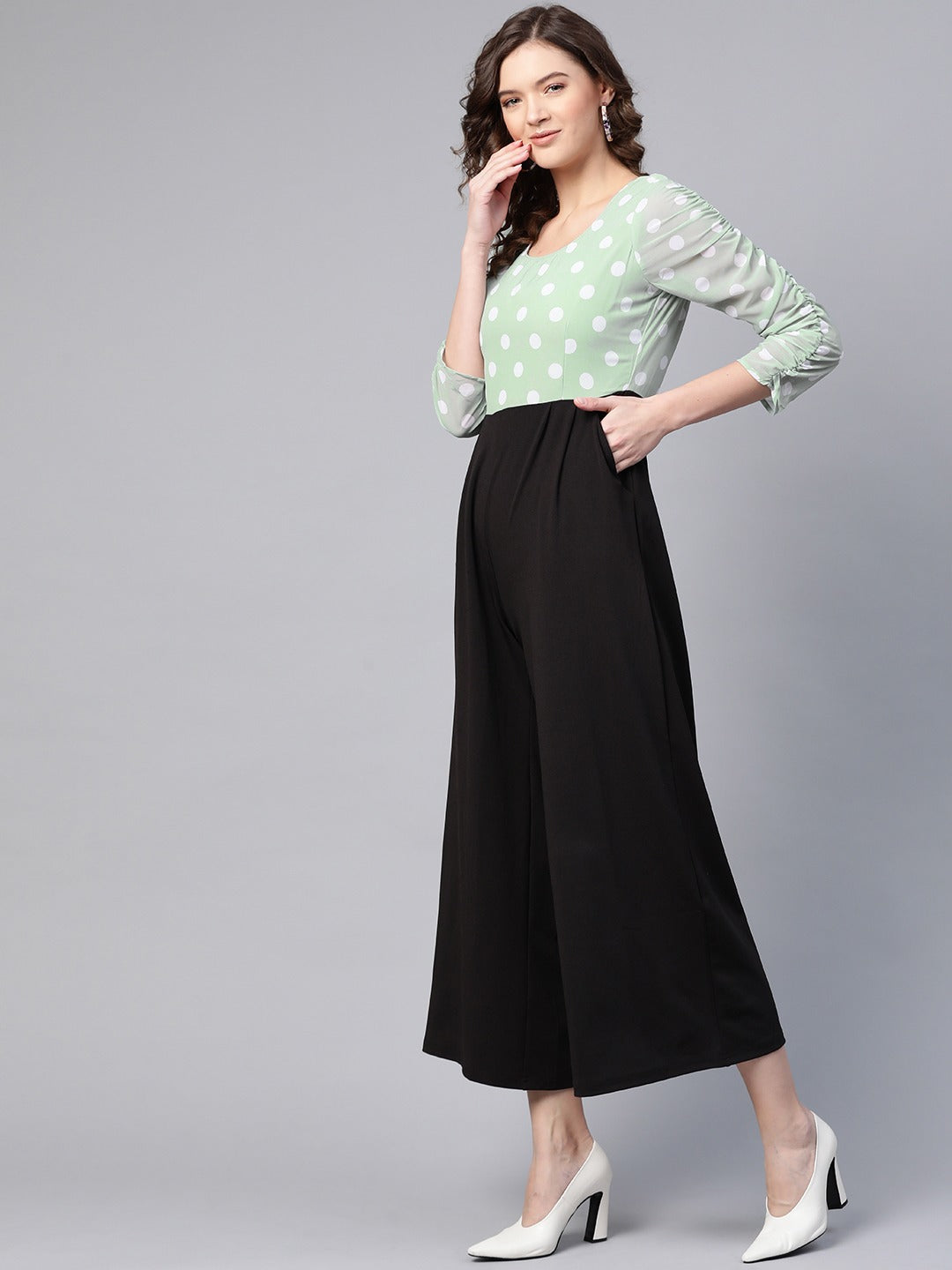 Women Sea Green Polka Dot Sleeve Rouching Jumpsuit-SFJMPS8150