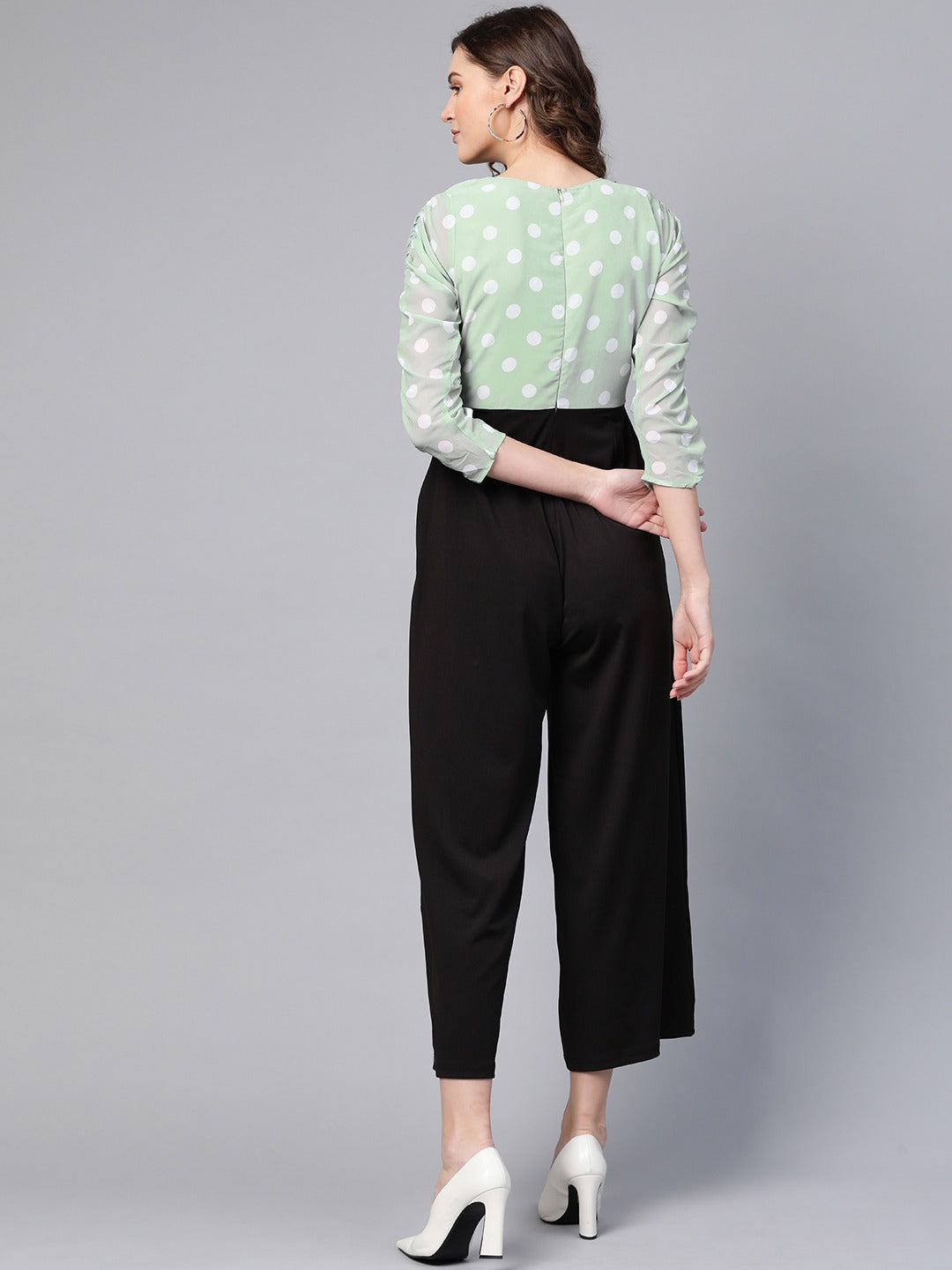 Women Sea Green Polka Dot Sleeve Rouching Jumpsuit-SFJMPS8150