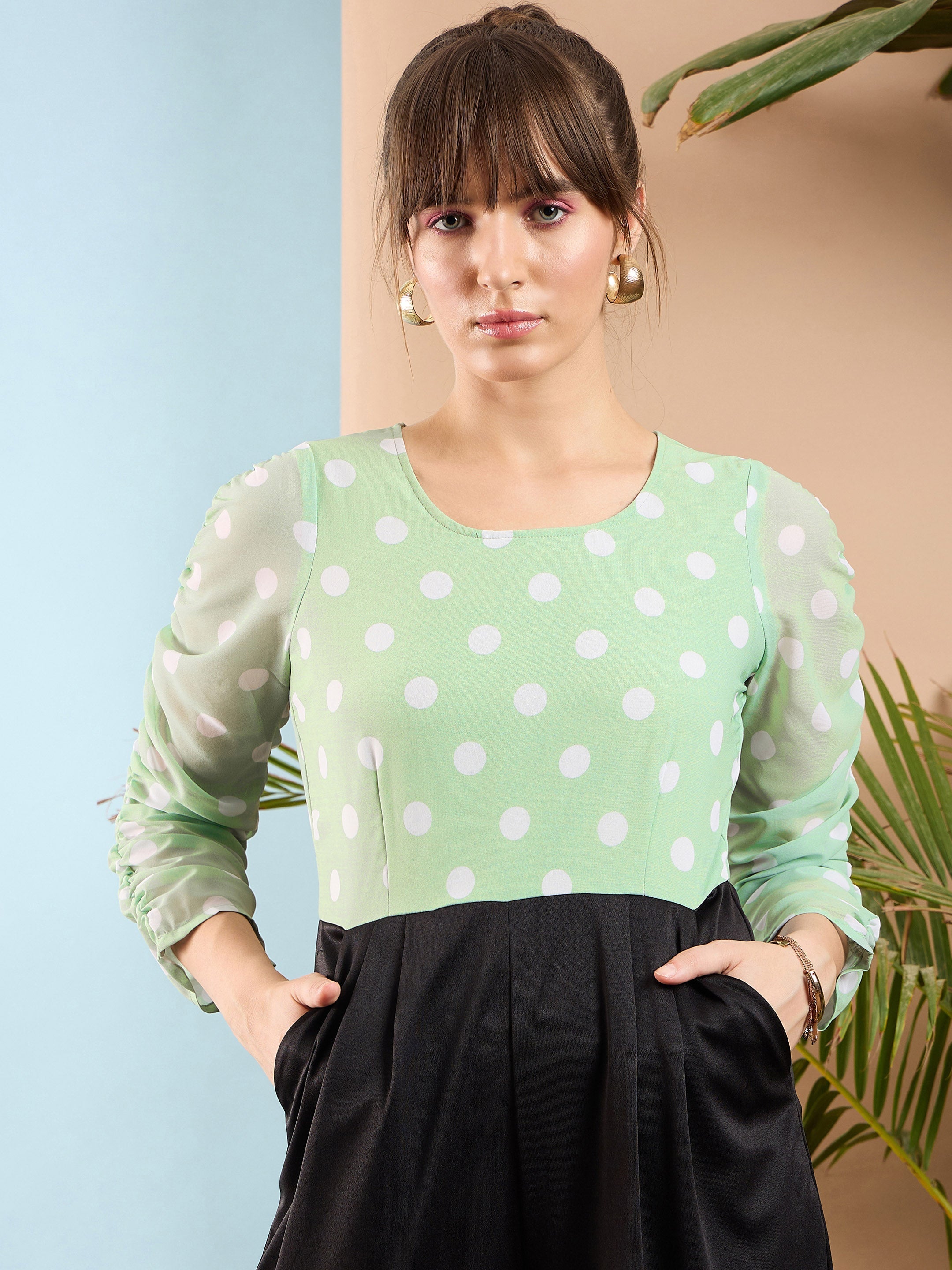 Women Sea Green Polka Dot Sleeve Rouching Jumpsuit-SFJMPS8150