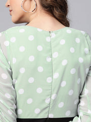 Women Sea Green Polka Dot Sleeve Rouching Jumpsuit-SFJMPS8150
