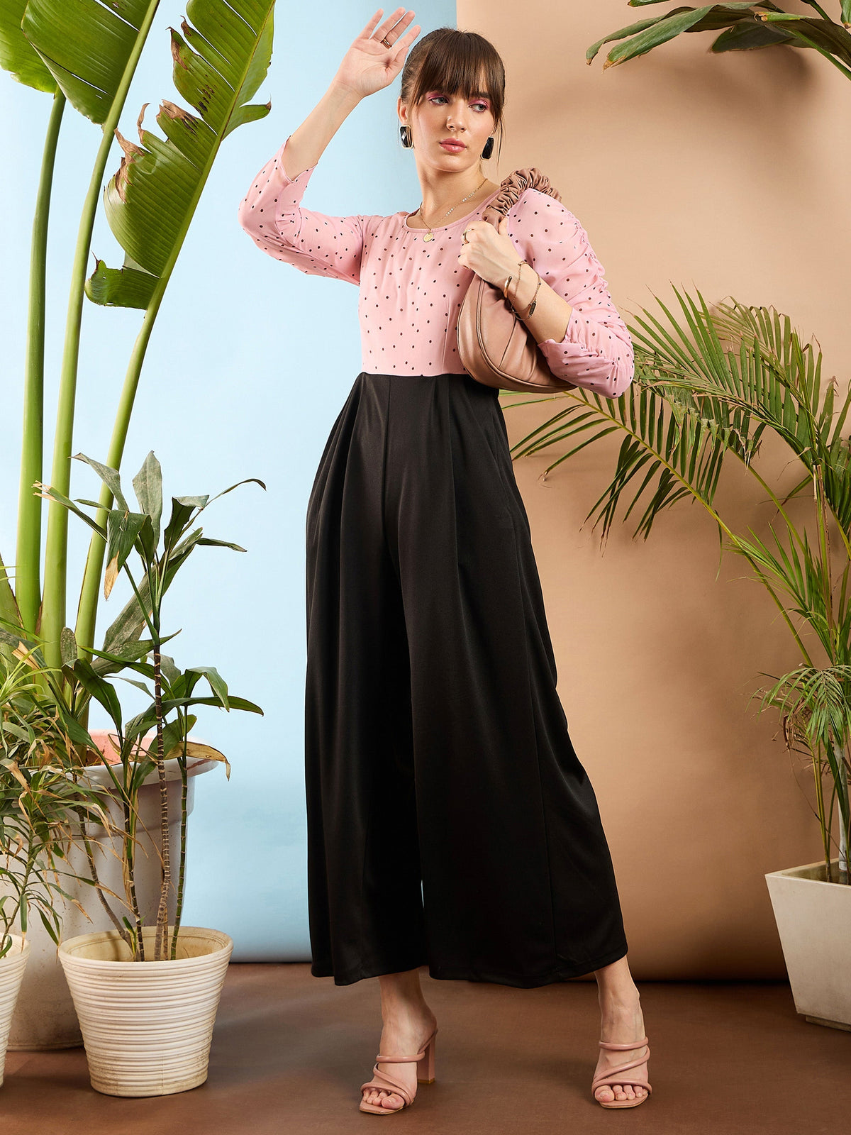 Women Pink Polka Dot Sleeve Rouching Jumpsuit-SFJMPS8151